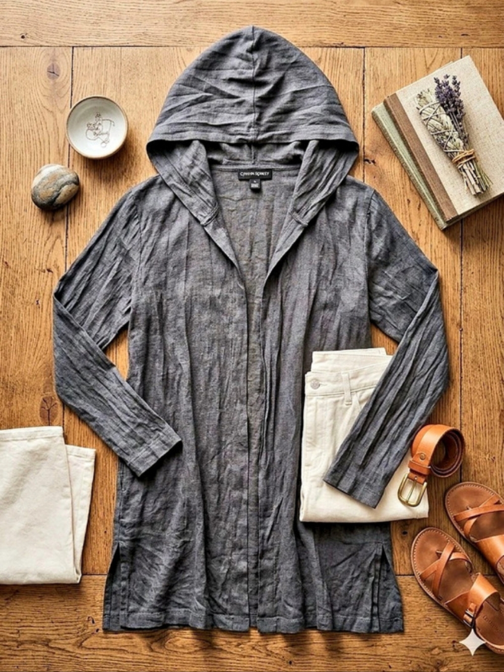 Tahari Linen Hooded Cardigan Gray XL